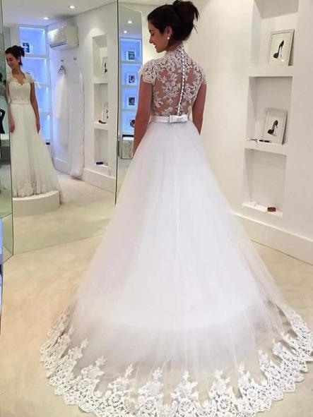 BohoProm Wedding Dresses Glamorous Tulle Queen Anna Neckline A-line Wedding Dresses With Appliques WD009