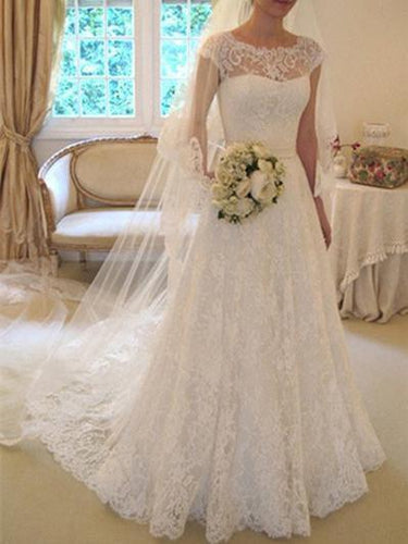 BohoProm Wedding Dresses Gorgeous Lace Scoop Neckline Chapel Train A-line Prom Dress WD010