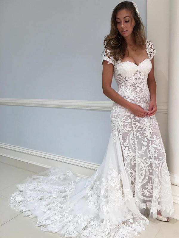 BohoProm Wedding Dresses Gorgeous Lace Sweetheart Neckline Short Sleeves Sheath Wedding Dress WD050