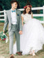Graceful Tulle Bateau Neckline Cap Sleeves A-line Wedding Dresses With Beadings WD030
