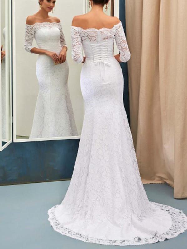 BohoProm Wedding Dresses Mermaid Off-Shoulder Sweep Train Lace Elegant Wedding Dresses HX00167