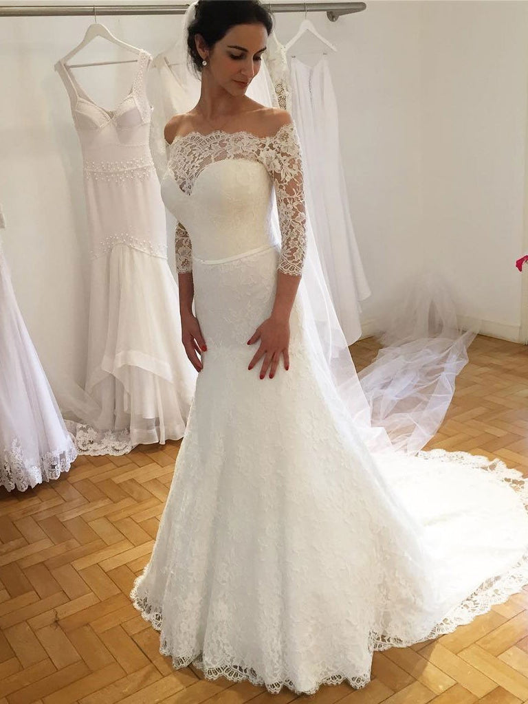Wedding Dress Long A-Line 3/4 Length Sleeves V-Neck Lace Bridal Gowns –  Dbrbridal