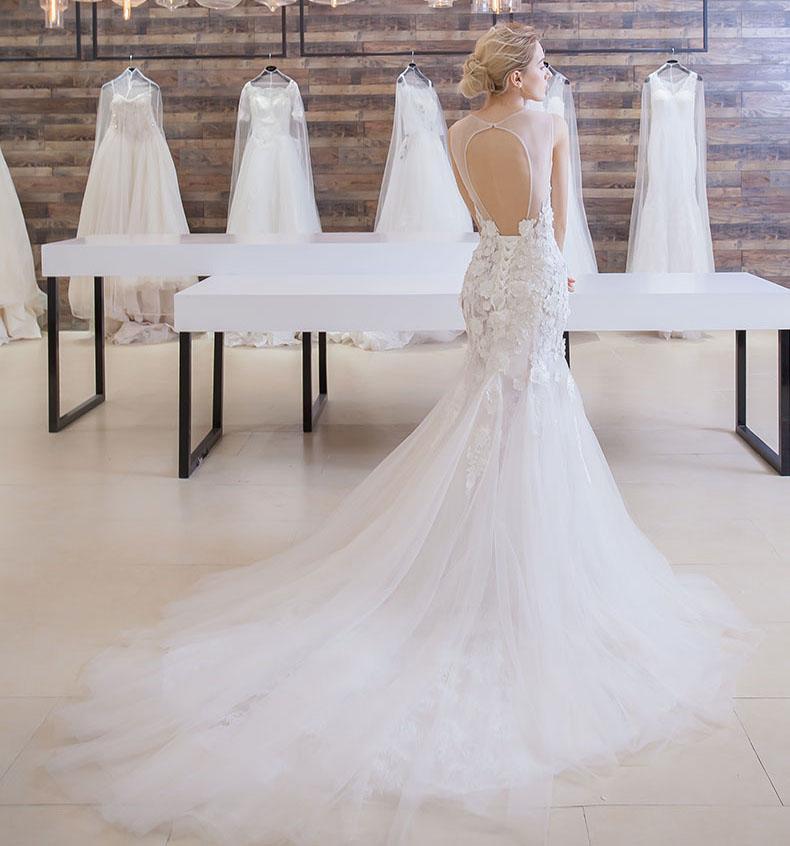 BohoProm Wedding Dresses Mermaid Scoop-Neck Chapel Train Tulle Appliqued Ivory Wedding Dresses ASD26955