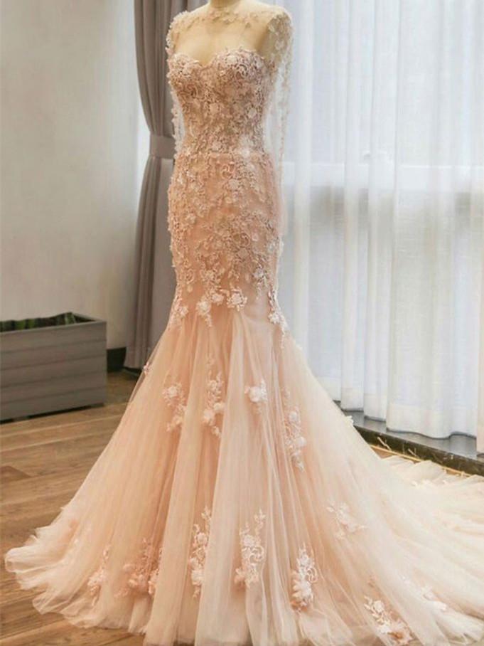 BohoProm Wedding Dresses Mermaid Scoop-neck Sweep Train Tulle Lace Long Wedding Dresses HX0054