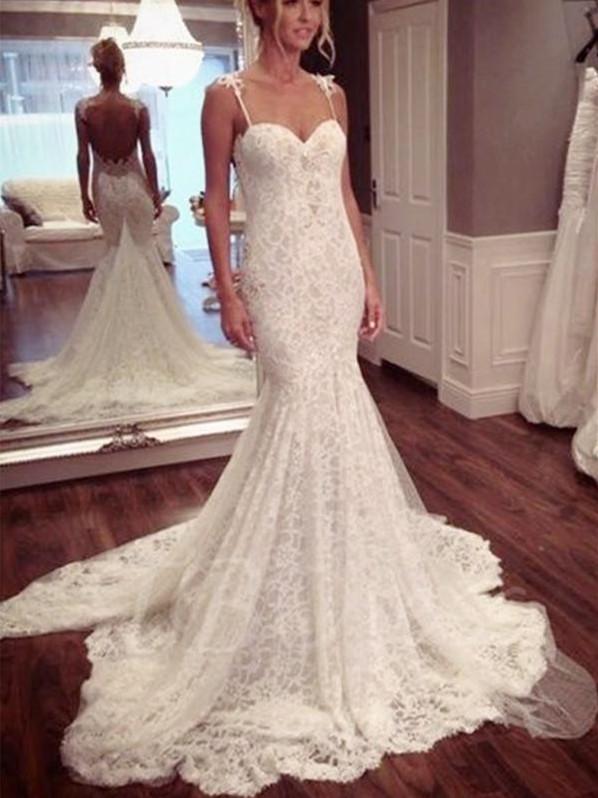 BohoProm Wedding Dresses Mermaid Spaghetti Strap Sweep Train Lace Elegant Wedding Dresses HX00168
