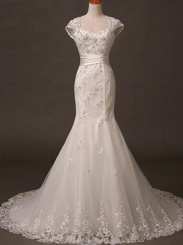 BohoProm Wedding Dresses Mermaid Square Chapel Train Tulle Appliqued Ivory Wedding Dresses With Beadings ASD26967