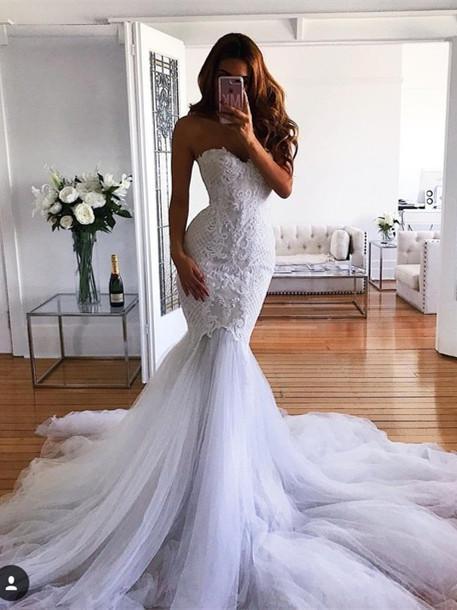 BohoProm Wedding Dresses Mermaid Sweetheart Sweep Train Tulle Appliqued Wedding Dresses ASD26731