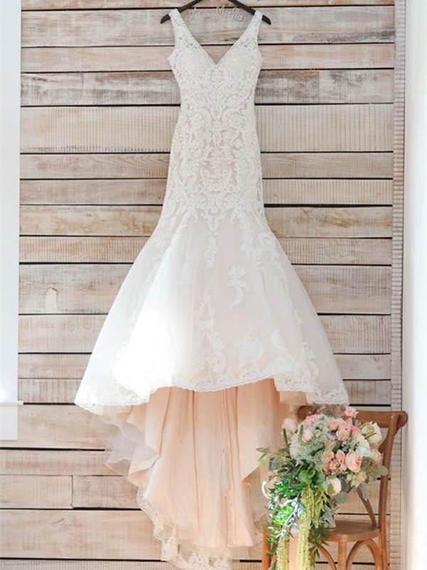 BohoProm Wedding Dresses Mermaid V-Neck High-Low Organza Cute Wedding Dresses HX00166