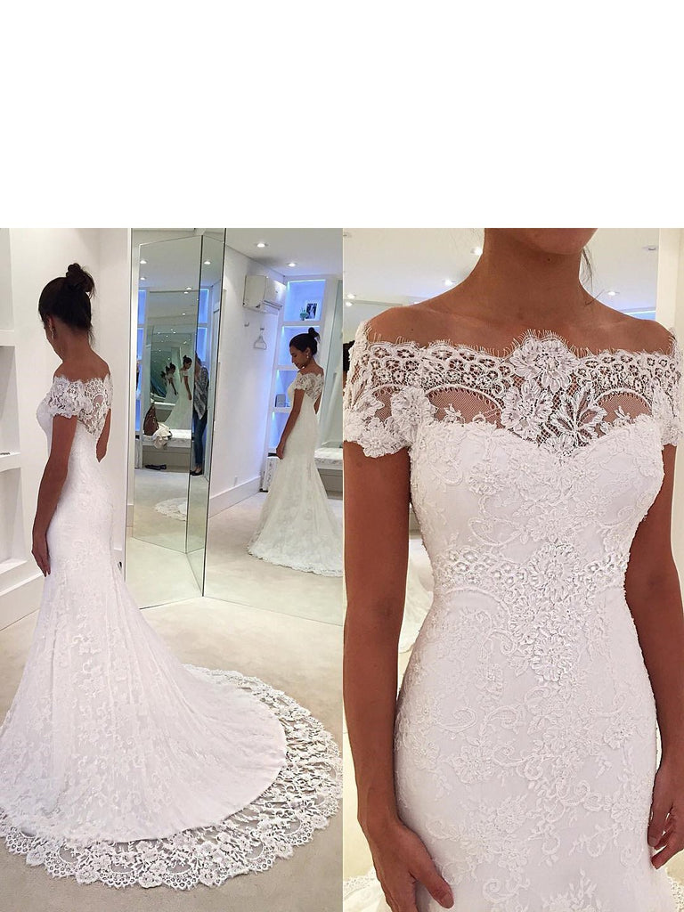 BohoProm Wedding Dresses Modern Lace Off-the-shoulder Neckline Chapel Train Mermaid Wedding Dress WD063