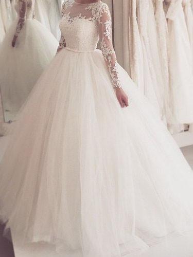 BohoProm Wedding Dresses Modest Tulle Bateau Neckline Ball Gown Wedding Dresses With Appliques WD093