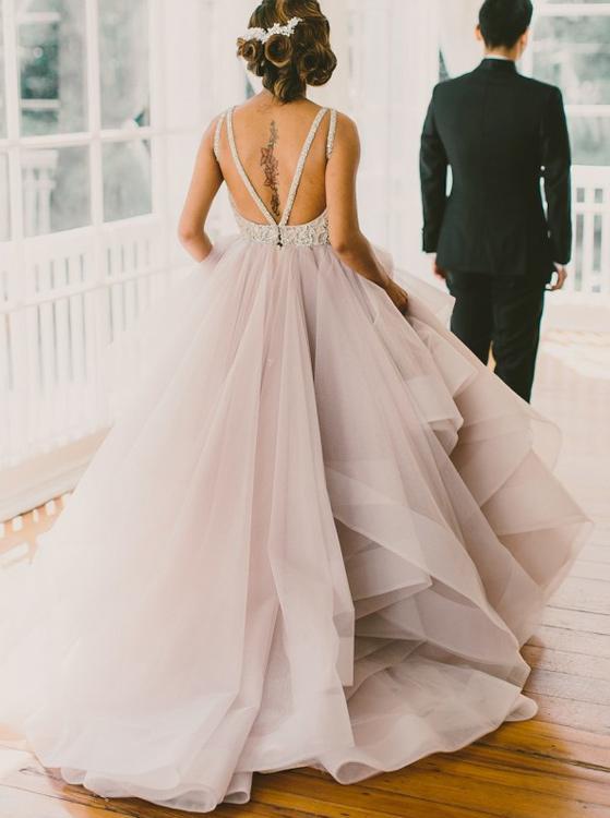 BohoProm Wedding Dresses Modest Tulle Scoop Neckline Sweep Train A-line Wedding Dress WD037