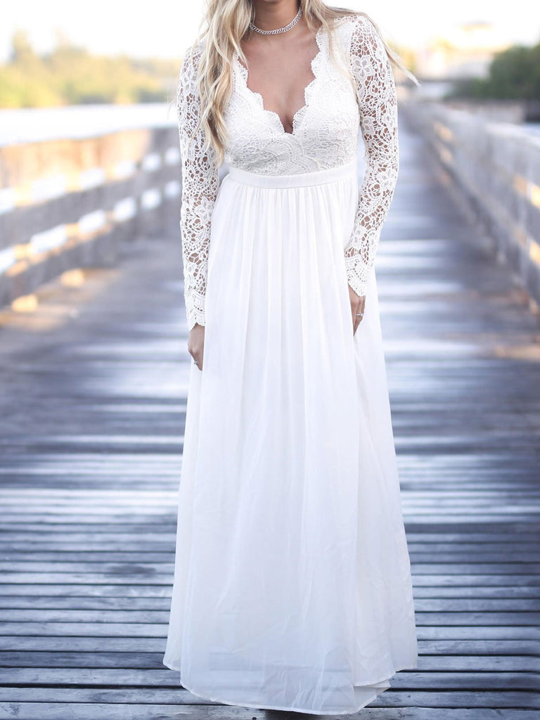 BohoProm Wedding Dresses Pure Chiffon & Lace V-neck Neckline Long Sleeves A-line Wedding Dresses WD114