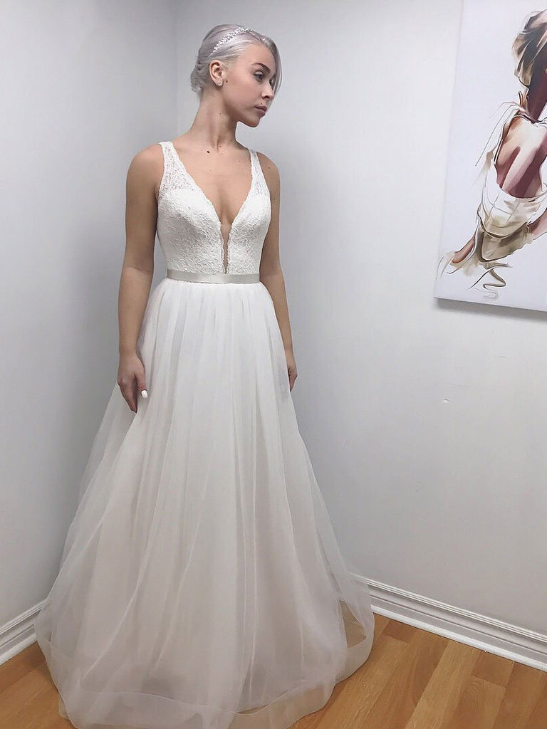 BohoProm Wedding Dresses Pure Lace & Tulle V-neck Neckline Floor-length A-line Wedding Dress WD001