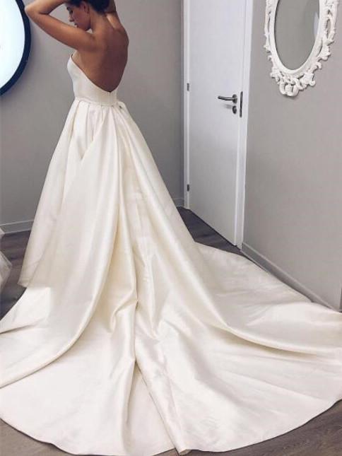 BohoProm Wedding Dresses Pure Satin Strapless Neckline Cathedral Train A-line Wedding Dress WD003