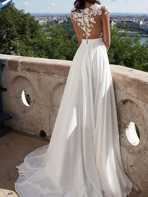 BohoProm Wedding Dresses Romantic Chiffon Bateau Neckline A-line Wedding Dresses With Appliques WD105