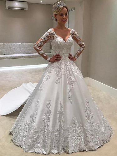 BohoProm Wedding Dresses Romantic Satin V-neck Neckline A-line Wedding Dresses With Appliques WD052