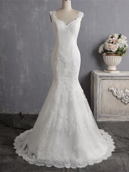 BohoProm Wedding Dresses Romantic Tulle V-neck Neckline Cap Sleeves Mermaid Wedding Dresses WD115