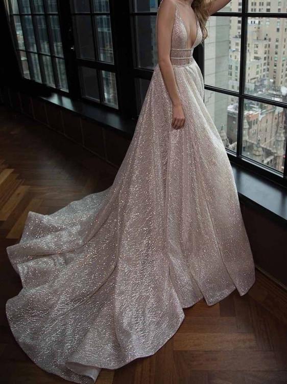 BohoProm Wedding Dresses Shimmering Glitter Tulle V-neck Neckline Chapel Train A-line Wedding Dresses WD103