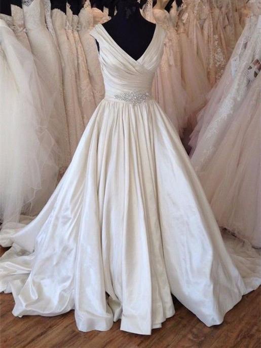 BohoProm Wedding Dresses Simple Satin V-neck Neckline Cap Sleeves A-line Wedding Dresses With Rhinestones WD026