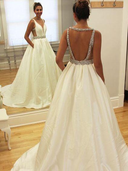 BohoProm Wedding Dresses Simple Taffeta V-neck Neckline Chapel Train A-line Wedding Dresses WD128