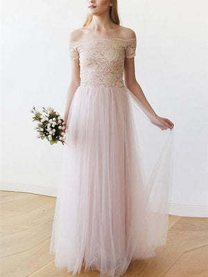 BohoProm Wedding Dresses Stunning Tulle & Lace Off-the-shoulder Neckline Floor-length A-line Wedding Dress WD100