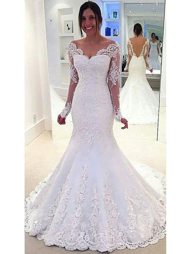 BohoProm Wedding Dresses Trumpet/Mermaid Sweetheart Sweep Train Tulle Appliqued Beaded Long Sexy Wedding Dresses 2815