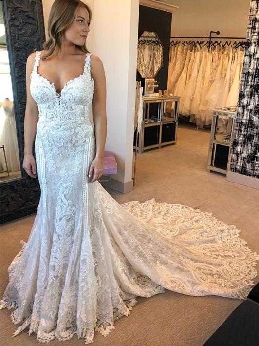BohoProm Wedding Dresses Wonderful Lace Spaghetti Straps Neckline Mermaid Wedding Dresses With Appliques WD032