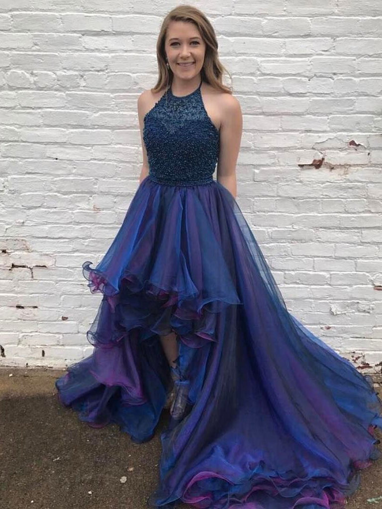 dusty blue high low prom party dress with beaded ruffles #MYX79014 -  GemGrace.com