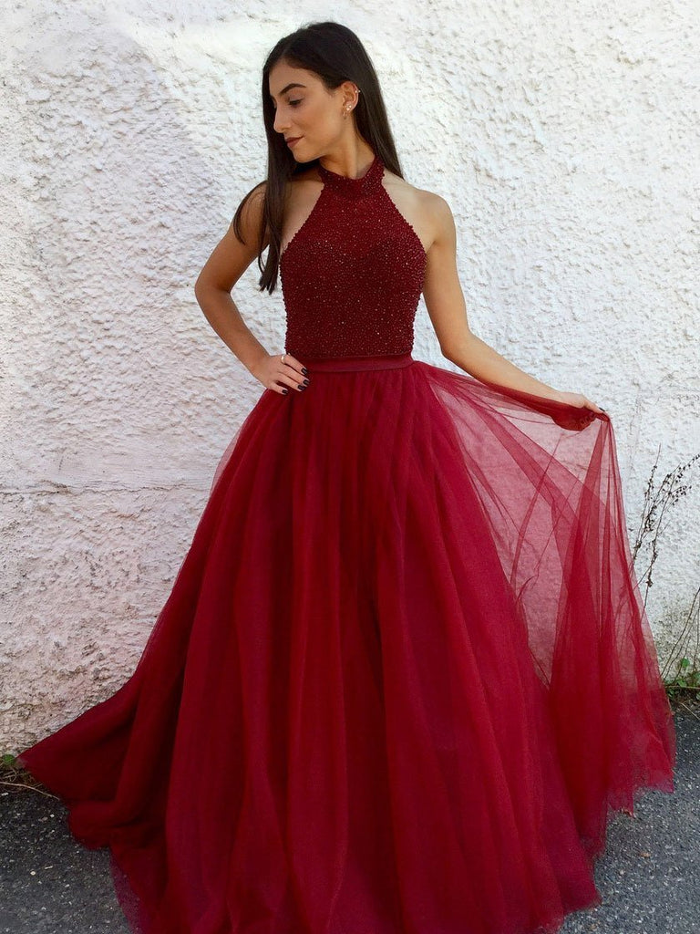 A-line Beaded High Neck Beaded Top Tulle Skirt Long Prom Dresse – BohoProm