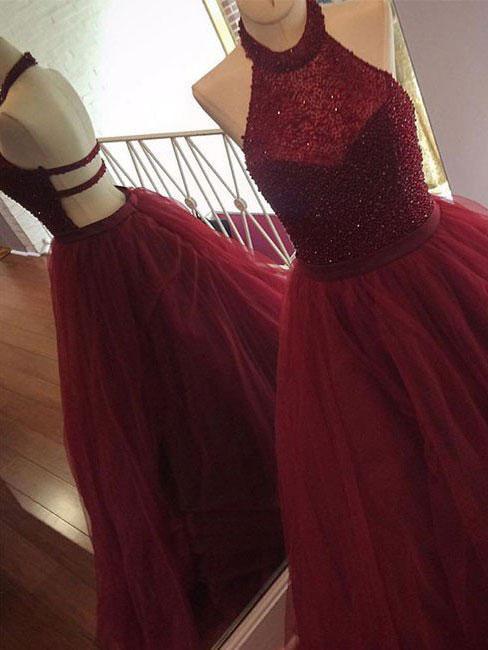 SheerGirl prom dresses A-line Beaded Halter High Neck Beaded Top Tulle Skirt Long Prom Dresses APD2831