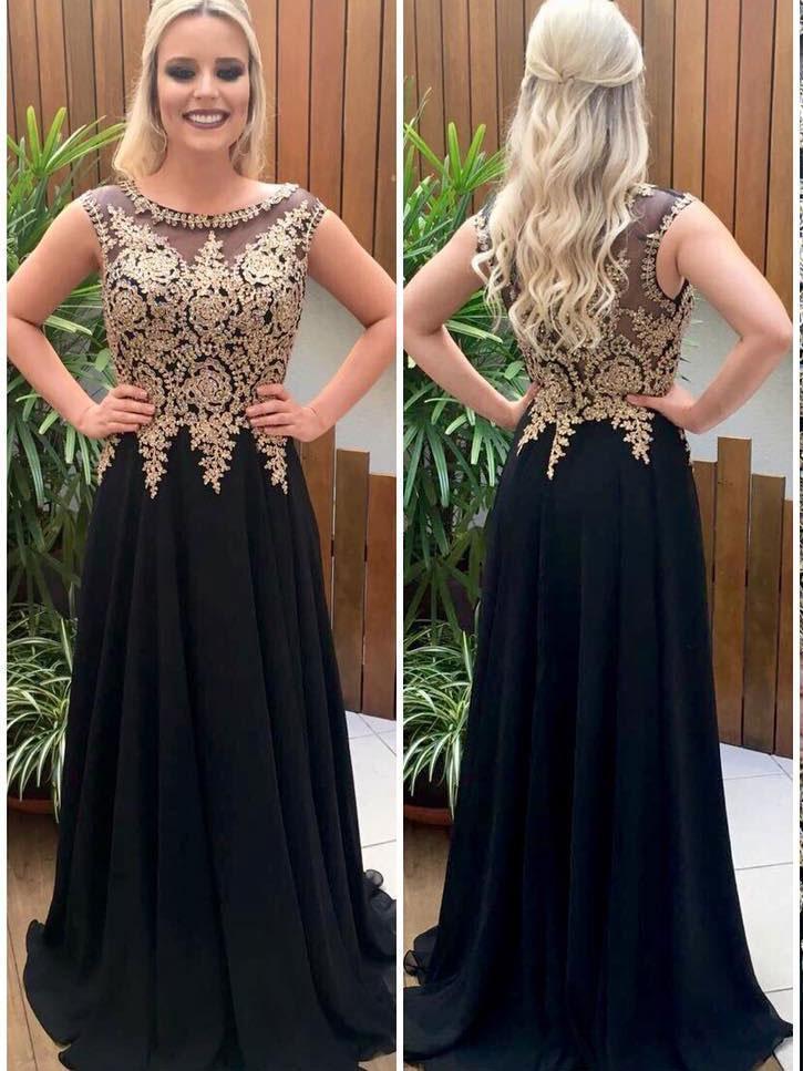 SheerGirl prom dresses A-line Black Chiffon with Gold Lace appliqued Long Prom Dresses APD2826