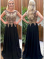 A-line Black Chiffon with Gold Lace appliqued Long Evening Dresses APD2826