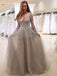 SheerGirl prom dresses A-line Grey Tulle with Beaded Deep V-neck Sexy Prom Dresses with Sleeves APD2759