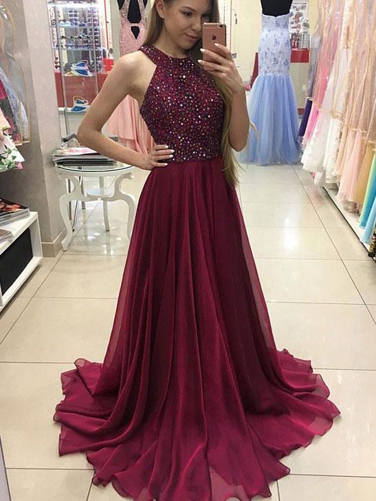 SheerGirl prom dresses A-line Halter Burgundy Chiffon Long Prom Dresses,Simple Pageant Dresses APD1936