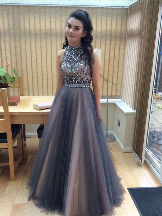 SheerGirl prom dresses A-line Halter High Neck Beaded Top Tulle 2 Piece Long Prom Dresses apd1939
