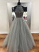 SheerGirl prom dresses A-line Halter High Neck Grey Tulle with Rhinestone Beaded Prom Dresses APD2783