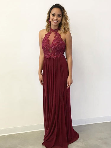 SheerGirl prom dresses A-line Halter Lace Appliqued Burgundy Chiffon Long Prom Dresses APD2770