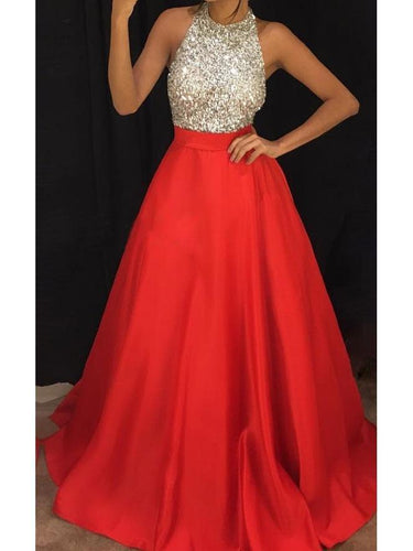 SheerGirl prom dresses A-line Halter Neck Beaded Bodice Red Satin Long Prom Dresses APD2852