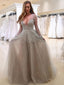 A-line Grey Tulle with Beaded Deep V-neck Sexy Prom Dresses with Sleeves APD2759