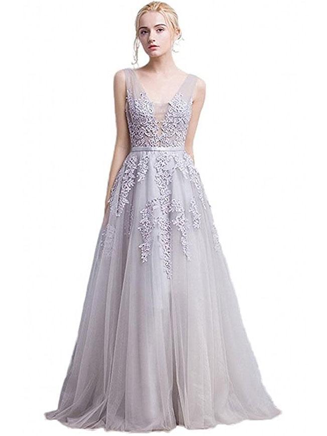 SheerGirl prom dresses Custom Size / Silver A-line Grey Tulle with Lace Appliqued V-neck Prom Dresses,Long Formal Gowns,apd2048